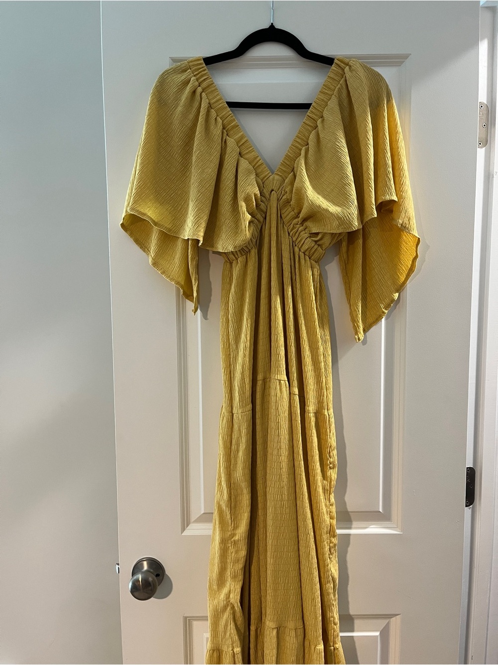 Mustard Yellow V-Neck Maxi Dress with Flutter Sleeves